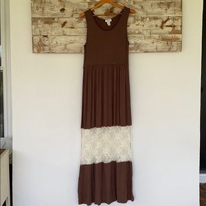 Sleeveless Brown Maxi Dress with Cream Lace Panel